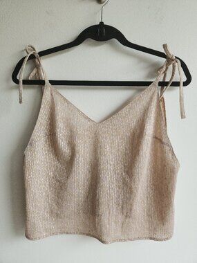 Noo Paris Tan & Gold Shimmering Tie-Shoulder Crop Top - FR 38 (approx. M)